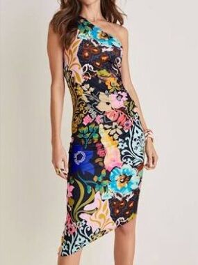 VENUS brilliant multi color floral one shoulder midi dress large side ruched